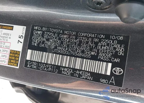 2009 Toyota Prius z USA, uszkodzony, nr VIN JTDKB20U793489655
